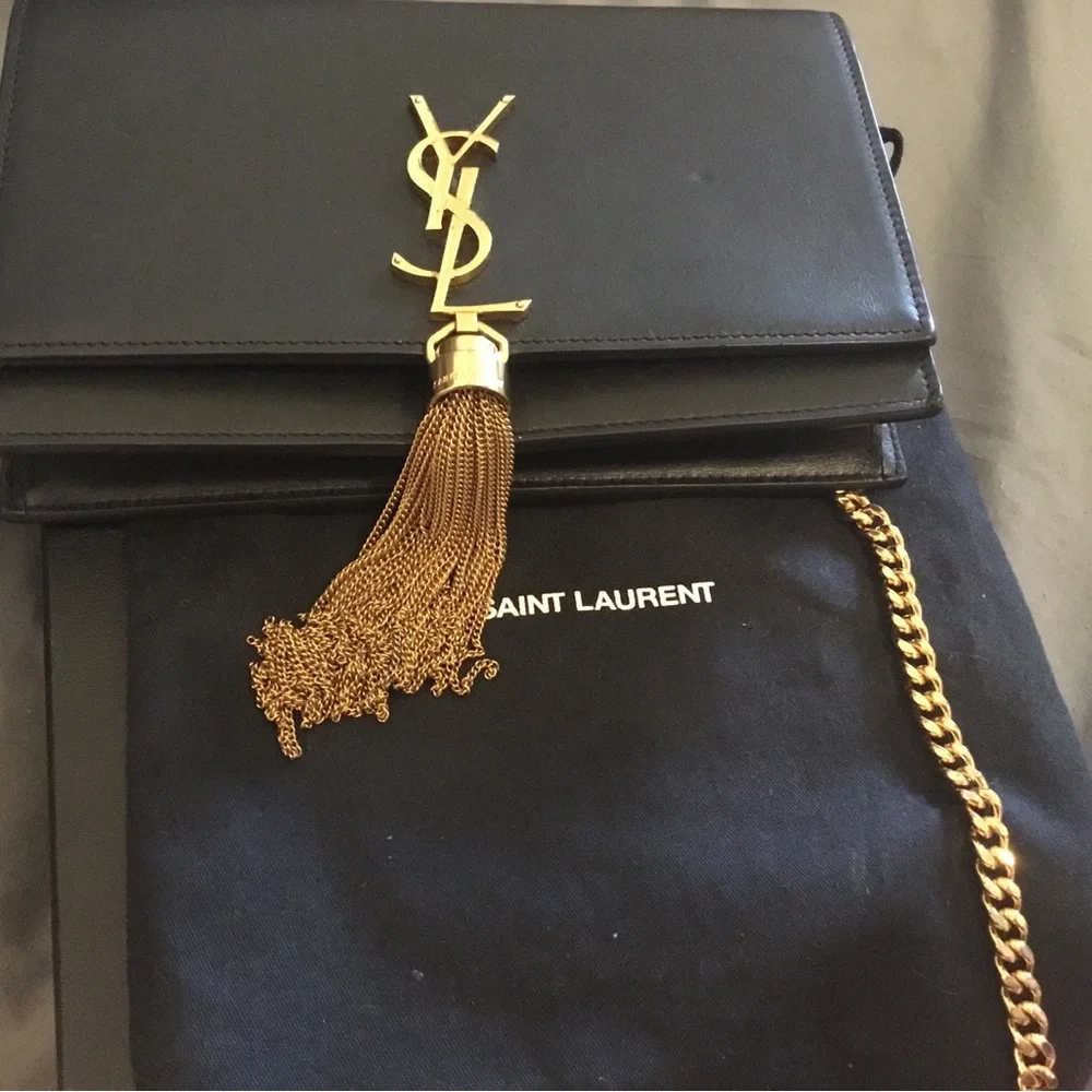 Saint Laurent Black Leather Monogram Tassel Crossbody with Gold Chain